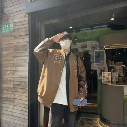 american retro mens baseball uniform street harajuku patchwork leather loose jackets color block towel embroidery trend coats unique default style 2927