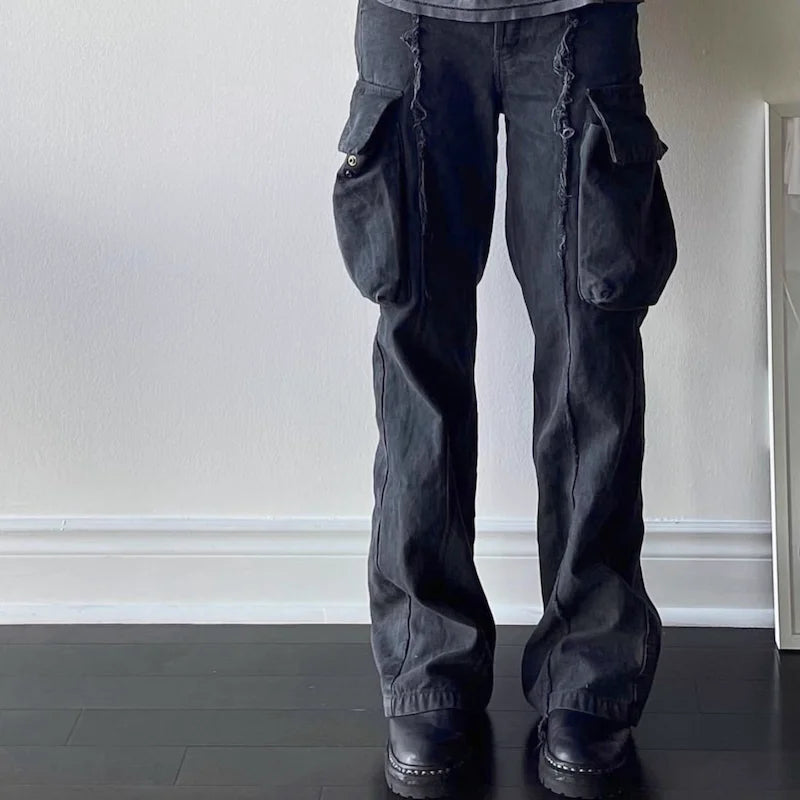 y2k streetwear tassel multi pocket jeans for men straight solid baggy cargo pants pantalones hombre casual denim trousers unique cargo style 884
