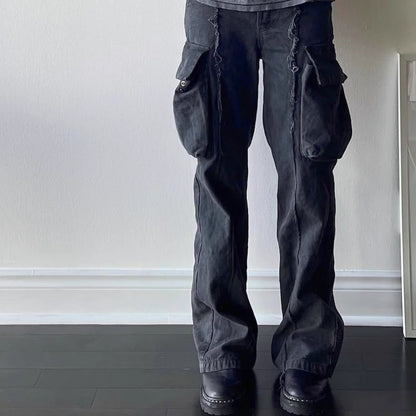 y2k streetwear tassel multi pocket jeans for men straight solid baggy cargo pants pantalones hombre casual denim trousers unique cargo style 884