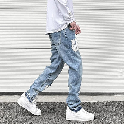 letters patckwork bottom ripped denim jeans men casual straight biker trousers fashion streetwear hip hop jean pants joggers unique joggers style 2727