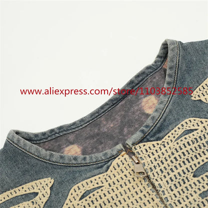 vintage mens long sleeved denim jacket high street oversized washed bone embedding tops clothing autumn winter 2024 heavyweight unique jeans style 1334