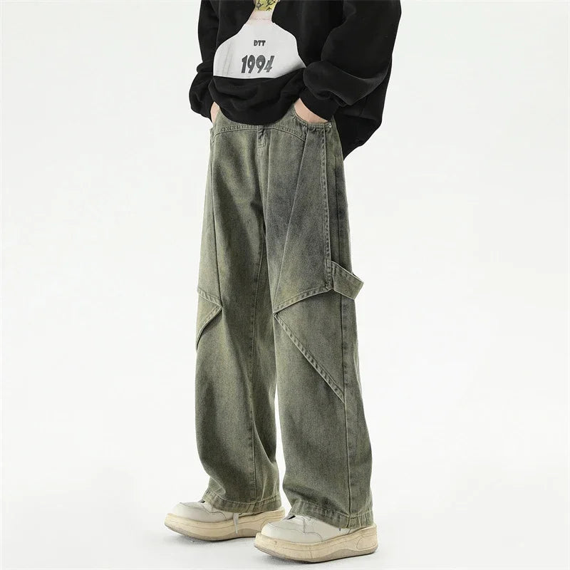 2024 new hip hop wide leg jeans for men washed distressed baggy denim trousers high street deconstruction cargo jean y2k pants unique cargo style 439
