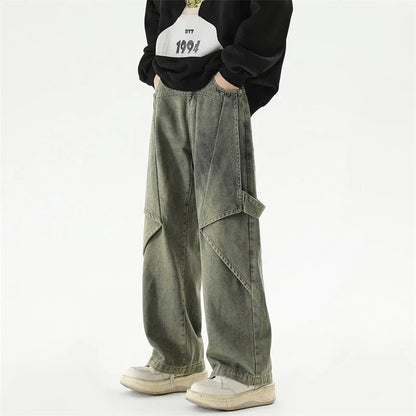 2024 new hip hop wide leg jeans for men washed distressed baggy denim trousers high street deconstruction cargo jean y2k pants unique cargo style 439