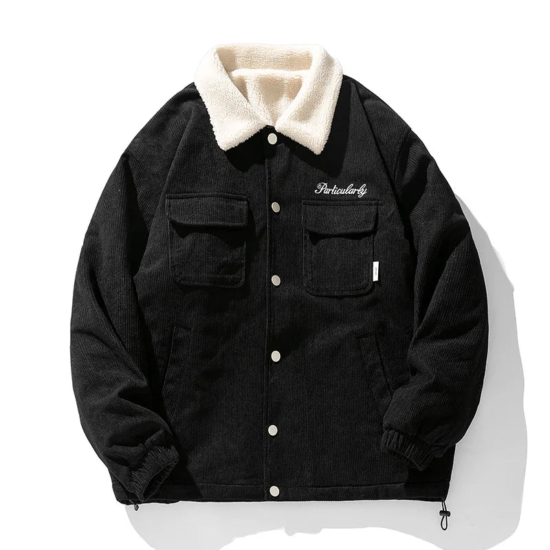 fashion men lamb fleece polo collar cotton padded coat winter embroidery loose thicken warm corduroy wadded jacket male outwear relaxed fit trousers