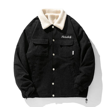 fashion men lamb fleece polo collar cotton padded coat winter embroidery loose thicken warm corduroy wadded jacket male outwear relaxed fit trousers