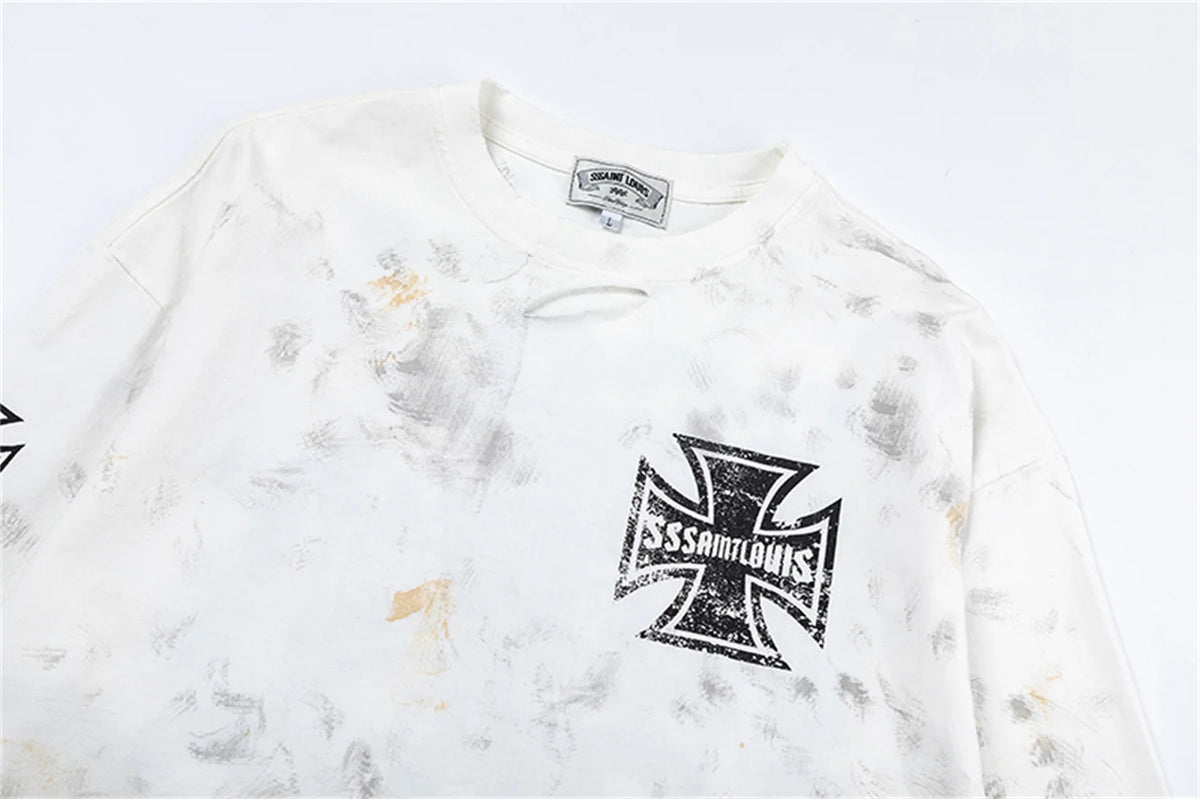 sssaint Louis Vintage Dirty Worn Distressed Cross Print High-Street Graffiti Long Sleeve T Shirt Pullover Summer Street King Limited