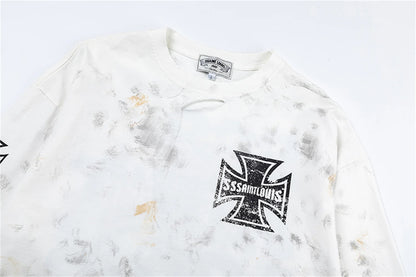 sssaint Louis Vintage Dirty Worn Distressed Cross Print High-Street Graffiti Long Sleeve T Shirt Pullover Summer Street King Limited