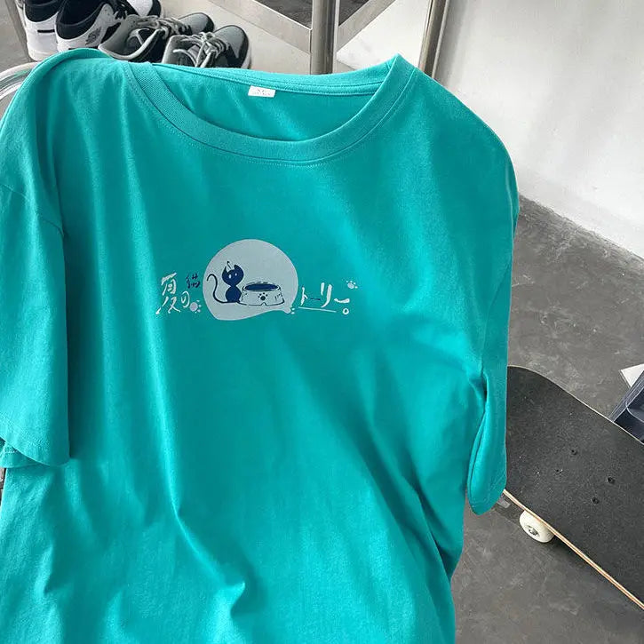 Korean style fun cat print men short-sleeved T-shirt new lazy style y2k simple casual versatile salt loose half-sleeved T-shirt Street King Limited