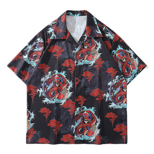 Streetwear Dragon Print Hawaiian Shirt Mens Hip Hop Harajuku Streetwear Button Up Dragon Print Hawaiian Shirt Mens Hip Hop Harajuku Streetwear Button Up Beach Shirt Chinese Style Short Sleeve Casual Tops Shirt Fashion Sweater Jacket With Graphic Design For Men