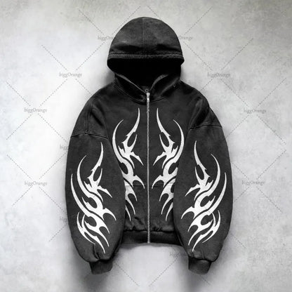 Gothic Punk Graphic Print Oversized Sweatshirt High Street Harajuku Y2K Streetwear Jacket Men Hip Hop Retro Casual Zipper Hoodie Street King Limited