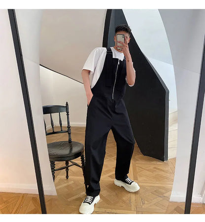Trendy Men's Shoulder Strap Jumpsuit Pants Washed Loose Fitting Workwear Pants Multi Pocket Streetwear Cargo Suspenders Pants Street King Limited
