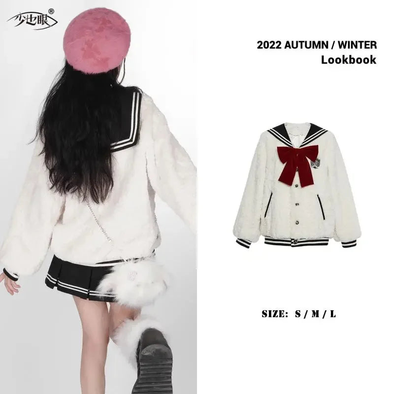 Harajuku Sweet Thicknecked Bow College Coat Woman Zip Up Hoodie Sailor Suit Plush Hoodies Women 2023 Streetwear Goth Y2k Clothes Street King Limited