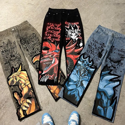 harajuku slifer the sky dragon print y2k men s jeans popular anime baggy jeans wide leg pants streetwear trouser men clothing unique jeans style 4375
