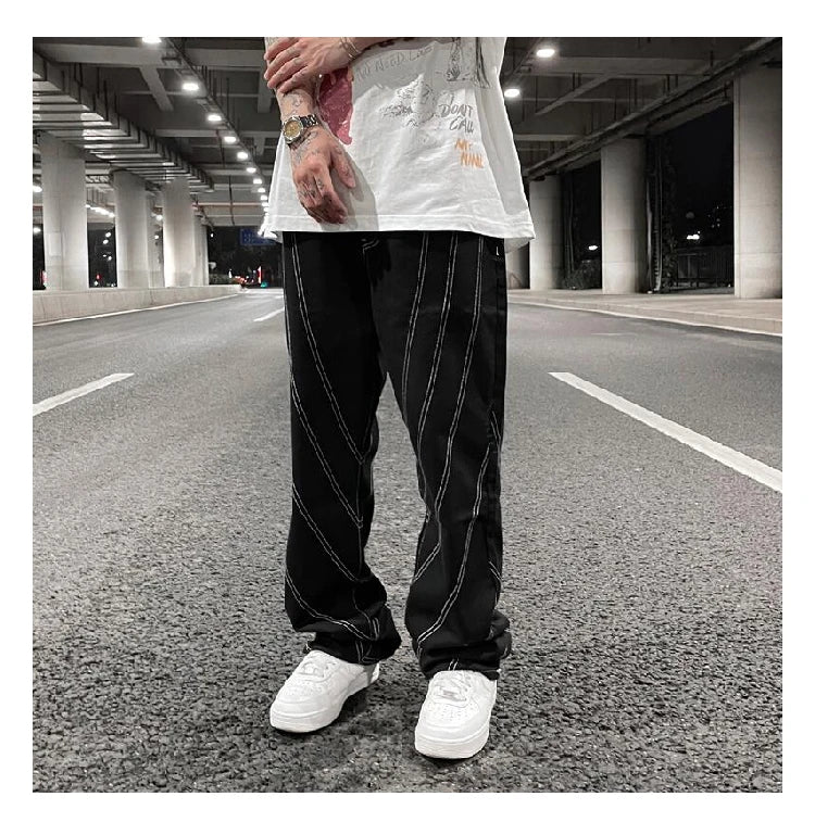 fashion design lines denim jeans mens zipper loose straight trousers hip hop new casual streetwear pants joggers baggy jeans unique joggers style 427
