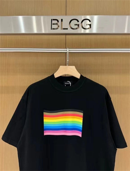 24SS BALCG style rainbow flag logo printed reverse sewn pure cotton Oversized loose short sleeved T-shirt Tops For Summer Street King Limited