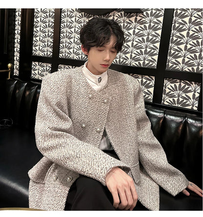 men double breasted french retro loose casual woolen short jacket man korean streetwear show fashion coat autumn outerwear unique shorts style 1327