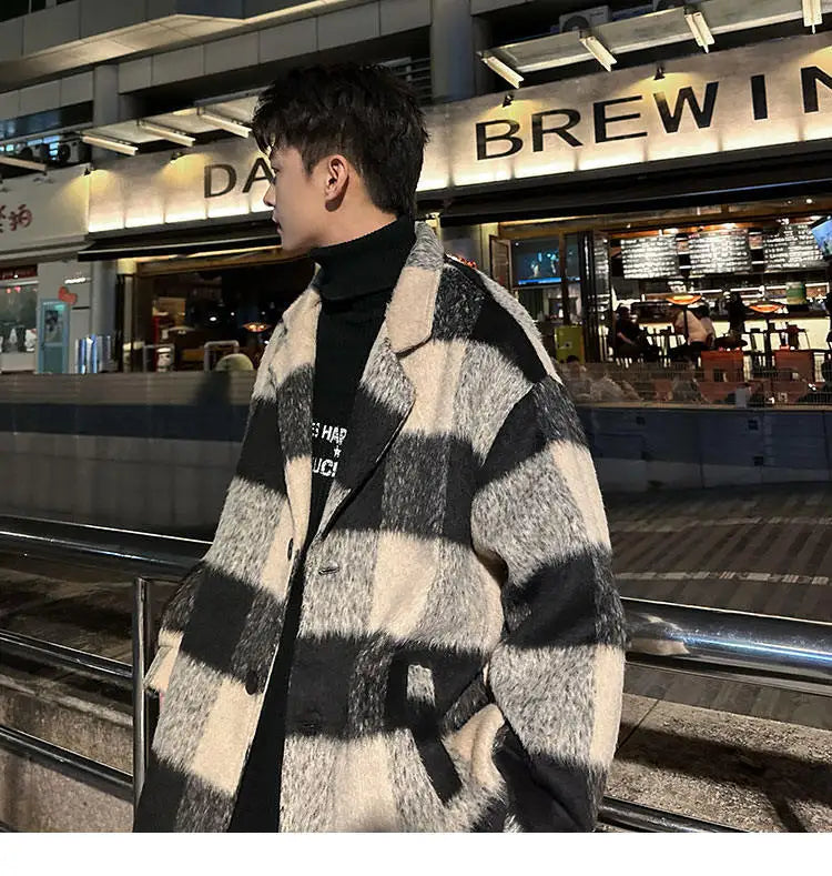 plaid woolen trenchcoat men autumn winter fashion retro streetwear suit collar loose casual trendy trench coat outerwear unique default style 1187