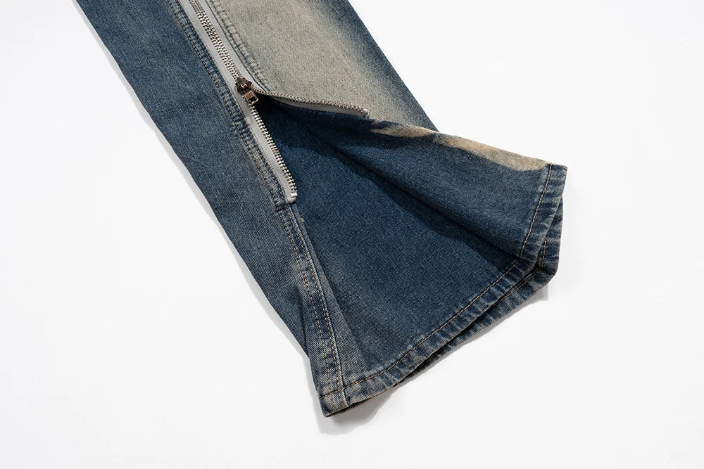 Ro Style Gradient Blue Horn Stacked Floor Dragging Jeans Unisex Streetwear Baggy Y2K Ribbons Zipper Denim Trousers Oversized Street King Limited