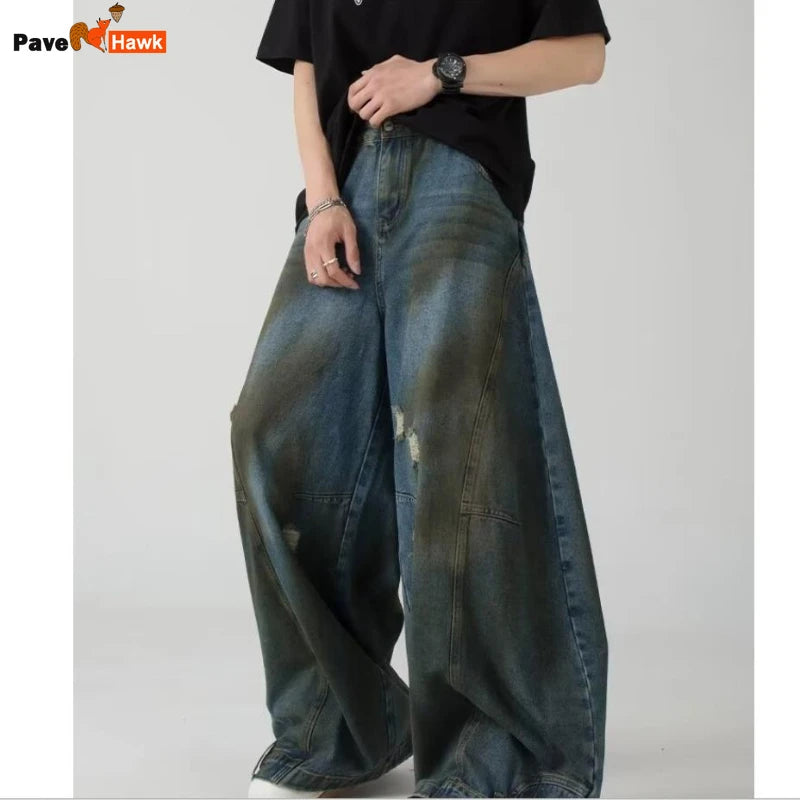 Summer High Street Hip Hop Jeans Mens Halo Dye Hole Washed Straight Denim Pants Loose Silhouette Retro Micro Flared Trousers Street King Limited