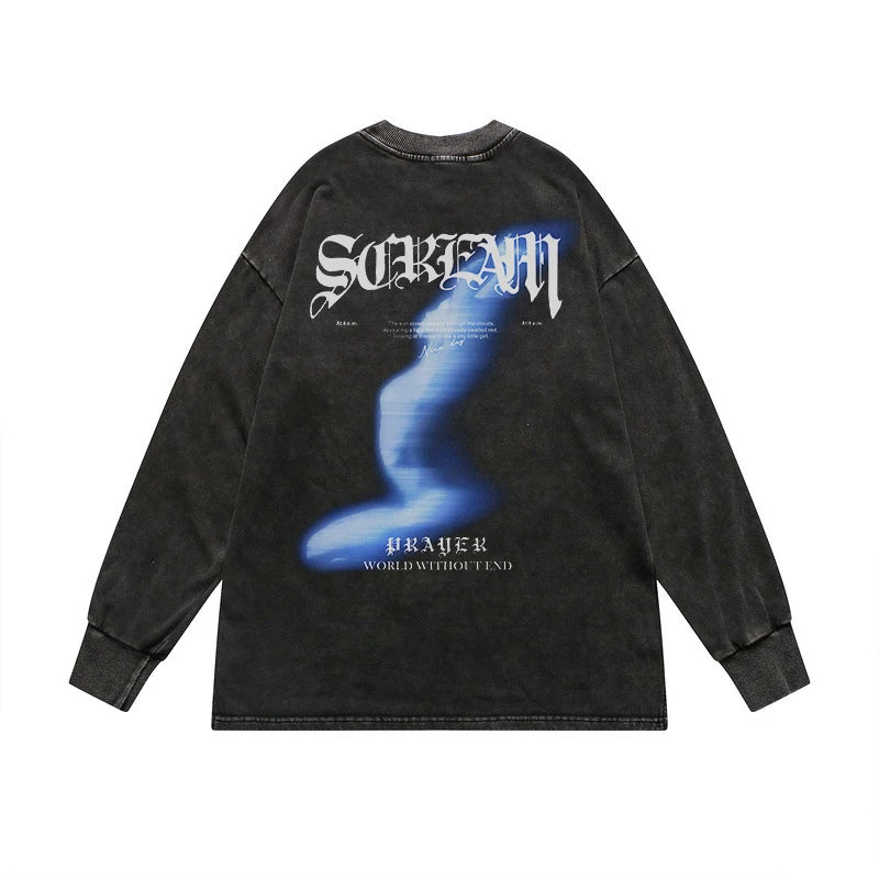 Rainbowtouches Washed Long Sleeve T-Shirts Vintage Pattern Long T-Shirts Men High Street Fashion Washing Oversized Men Street King Limited