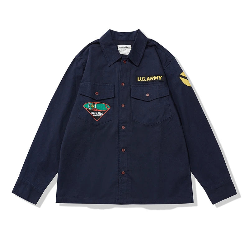 Amekaji Vintage Embroidered Long Sleeve Tooling Shirt Men Spring Autumn New Workwear Lapel Multi-pocket Cargo Shirt Cardigan Top Street King Limited