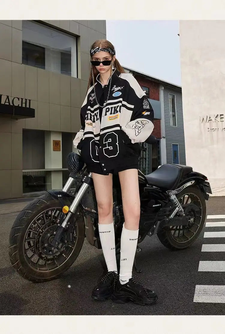 Spring and Autumn American letter printed motorcycle baseball jacket street style racing couple style goth  denim jacket women Street King Limited