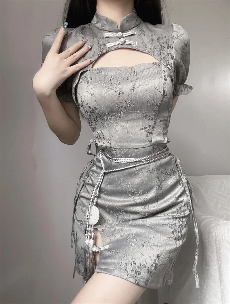Vintage Chinese Style Cheongsam High Split Mini Dress 2024 Tie Dye Gothic Women Aesthetic Bandage Dresses Y2k Sexy Bodycon Robe Street King Limited