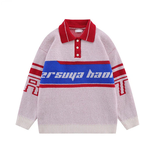 Men Knitted Sweater Jumper Casual Polo Neck Letter Casual Long Sleeve Streetwear Hip Hop Autumn Winter Pullover Knitwear Sweater Street King Limited