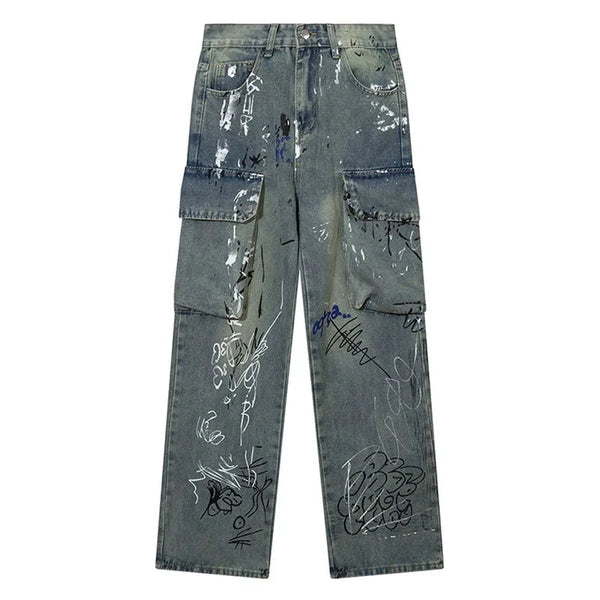 Men Jeans Graffiti Print Multiple Pockets Denim Trousers Harajuku Vintage High Waist Straight Cargo Pants Y2k Streetwear Unisex Street King Limited