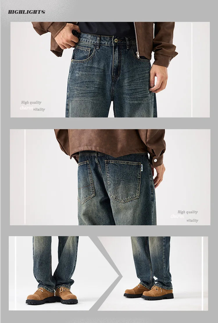 mens streetwear fashion loose casual plus size straight wide leg denim baggy jeans pants boyfriend jeans trousers unique jeans style 2811