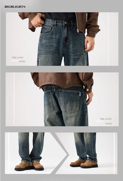 mens streetwear fashion loose casual plus size straight wide leg denim baggy jeans pants boyfriend jeans trousers unique jeans style 2811