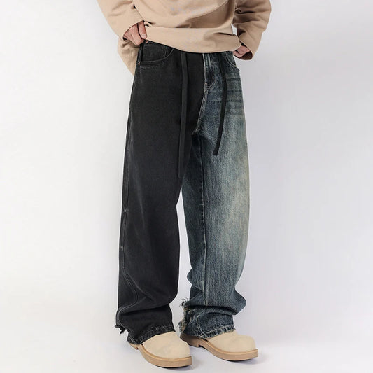 men streetwear fashion black blue splice hip hop loose casual wide leg straight baggy jeans pant cityboy jeans pants trousers stacked flare jeans