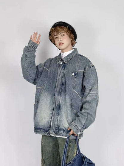 high street washed denim jacket mens 2024 spring trend oversize hip hop male coats color blocking motorcycle street outwear y2k unique jeans style 3624