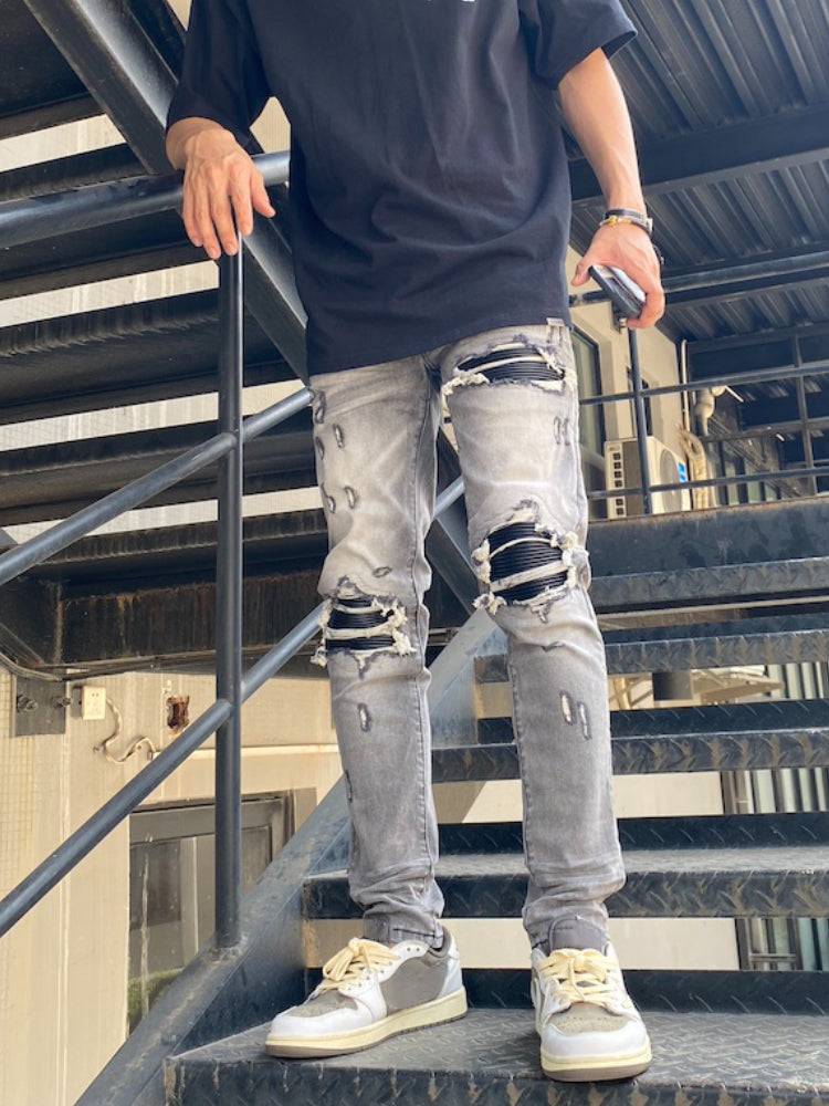knee holes patckwork skinny denim jeans mens casual button fly slim biker trousers fashion streetwear hip hop jean pants joggers unique joggers style 2330