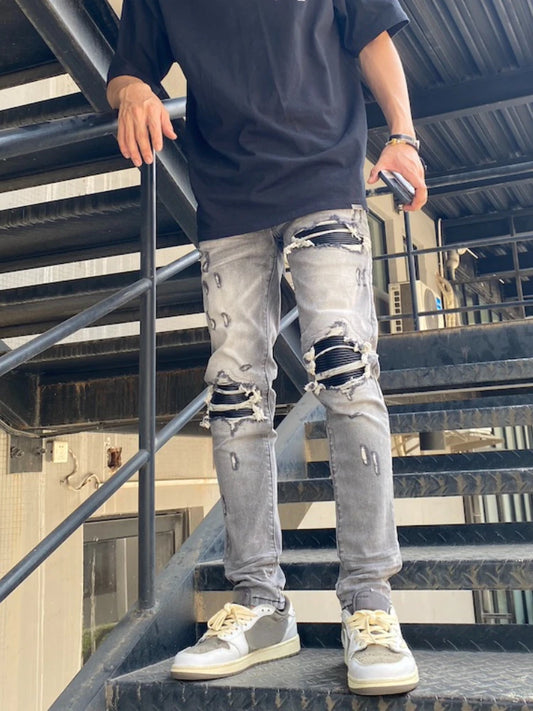 knee holes patckwork skinny denim jeans mens casual button fly slim biker trousers fashion streetwear hip hop jean pants joggers streetwear sweatpants