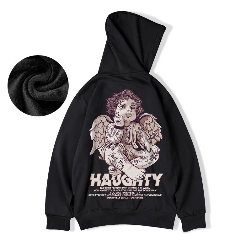 Autumn Haughty Angel Graphic Fleece Hoodies For Men Oversized Retro Loose Hoody Sweatshirts American Streetwear Y2K Clothes Street King Limited