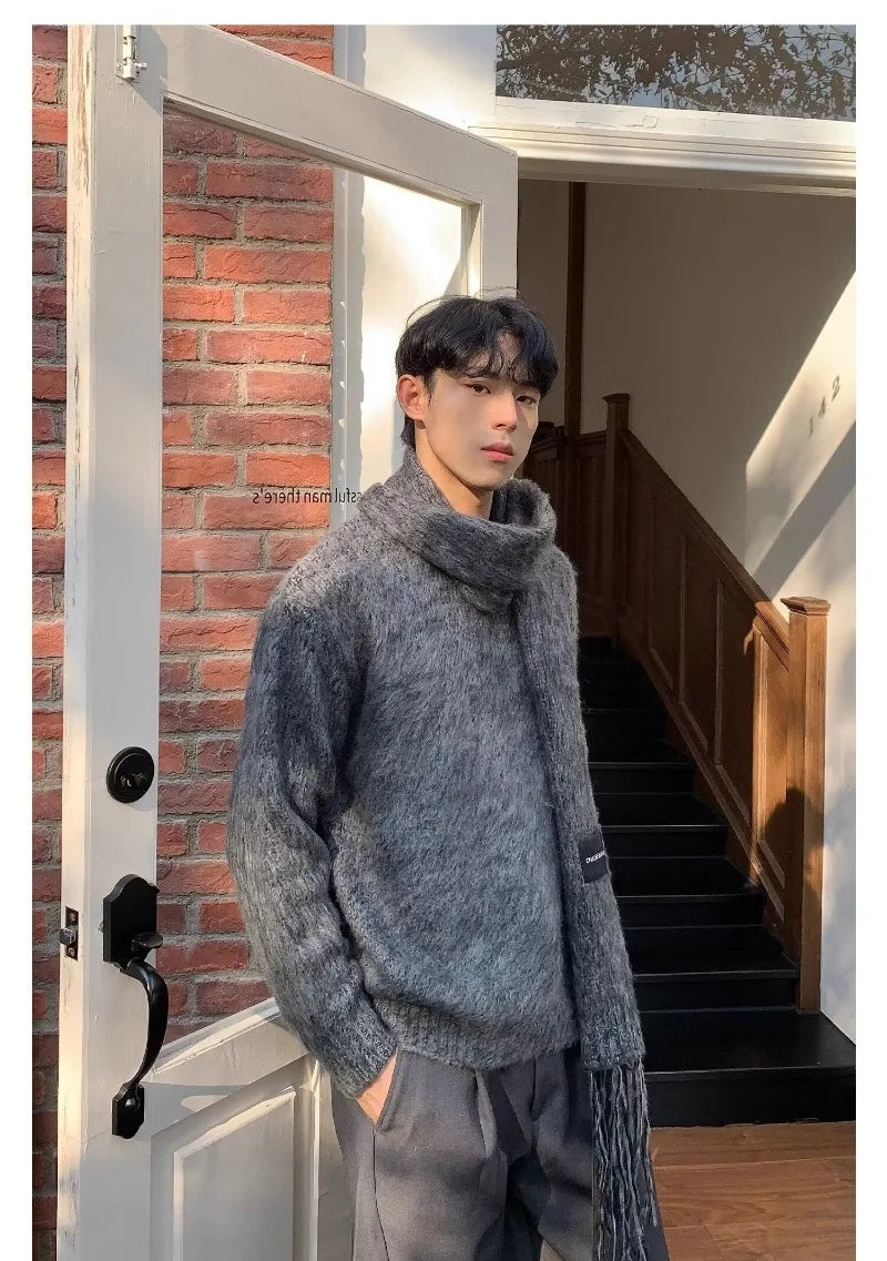 Autumn Warm Sweater Mens Korean Street Simplicity Round Neck Pullover+Solid Color Scarf Two-piece Set Casual Knitted Tops Trend Street King Limited