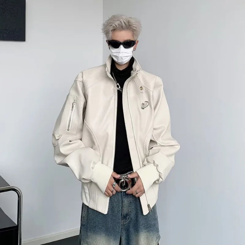 punk leather jacket mens spring standing collar trendy high street coats y2k streetwear hip hop motorcycle outwear 2024 new unique default style 2232