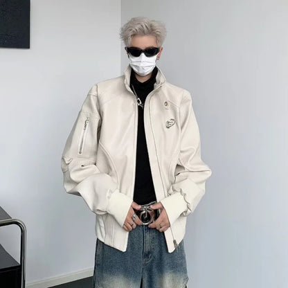 punk leather jacket mens spring standing collar trendy high street coats y2k streetwear hip hop motorcycle outwear 2024 new unique default style 2232