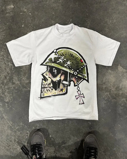 y2k High Street Casual Skull Bone Letter Print Pattern Oversized T-Shirt Women's Punk Retro Loose Round Neck Short Sleeve Top Street King Limited