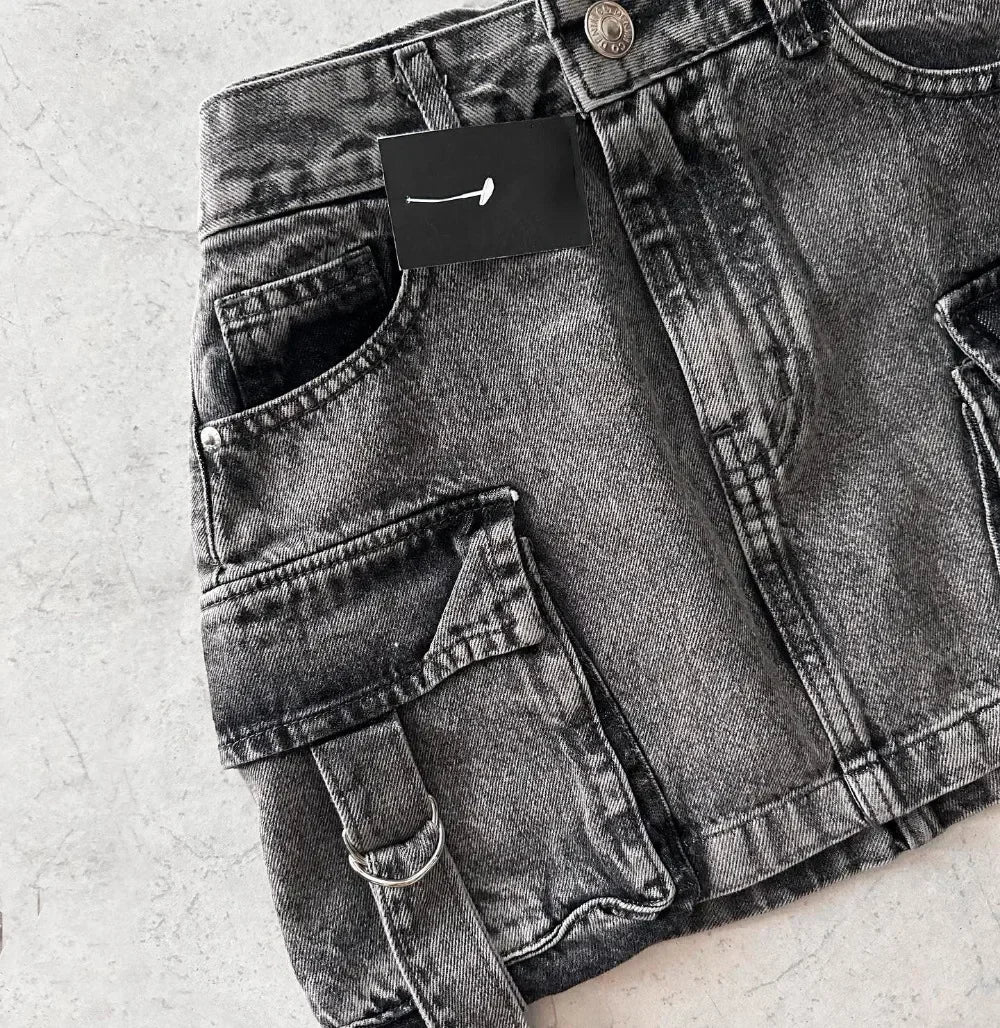 Vintage Y2K New Harajuku Multiple Pockets Denim Plaid Skirt Goth Black Mini Skir Fashion Womens Casual Versatile Sexy Streetwear Street King Limited