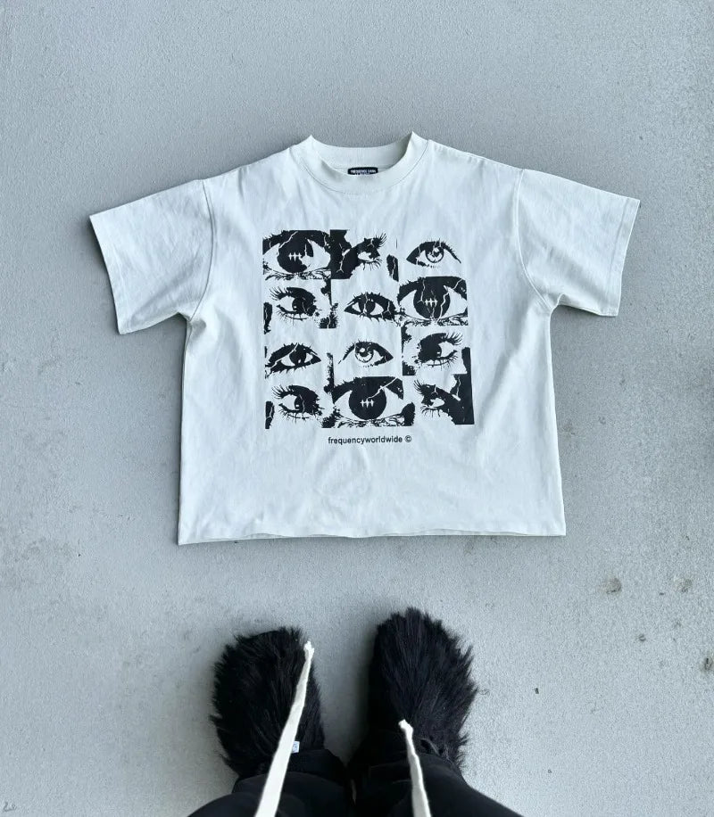 Y2k summer High Street Fashion Letters Eye Print Men Short Sleeve T-shirt Goth Harajuku Loose Fashion Casual Crewneck Shirt Street King Limited