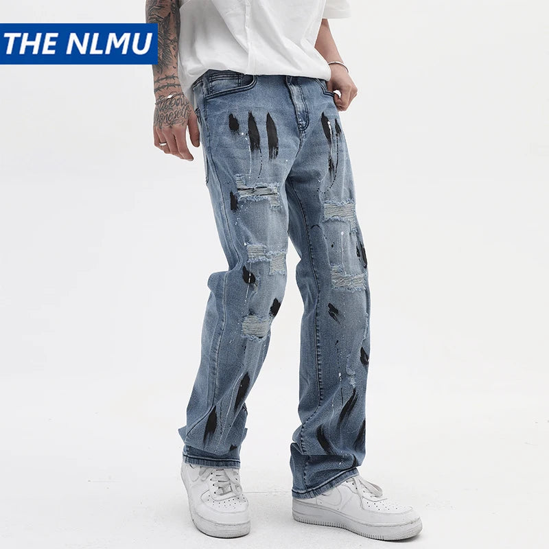 mens vintage jeans 2023 new ripped holes straight denim pants streetwear hip hop harajuku jeans trousers ripped baggy denim