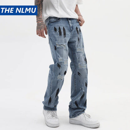 mens vintage jeans 2023 new ripped holes straight denim pants streetwear hip hop harajuku jeans trousers ripped baggy denim
