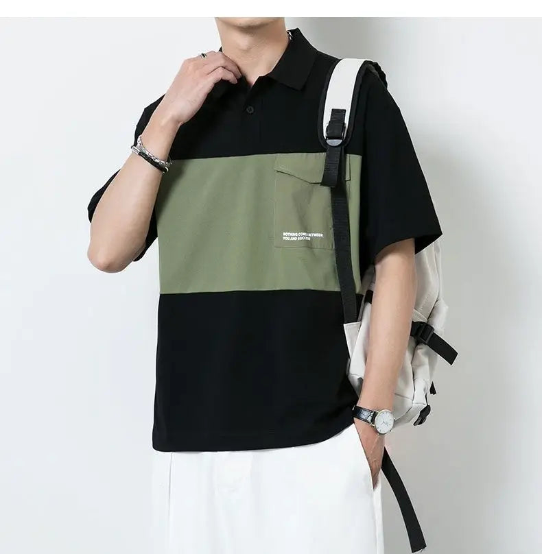 New polo shirt men's contrast color lapel spliced long sleeve t-shirt japanese large size loose sweatshirt bottoming shirt tops Street King Limited