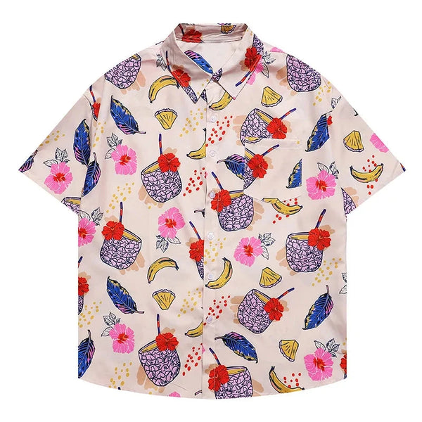 Men's Summer Short Sleeve Printed Shirt Tropical Leaf Fruit Pattern Stylish Harajuku Blouse Holiday Beach Style Tops Unisex New Street King Limited