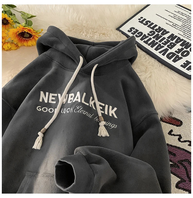 Winter Warm Thickened Casual Men's Hoodie Korean Fashion Embroidery Letters Sweater Harajuku Street Unisex Hoodies Street King Limited