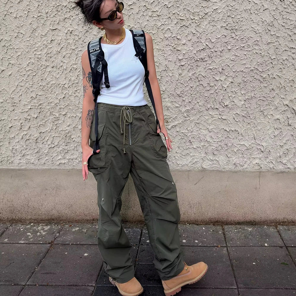 y2k high street multi pockets pleated drawstring cargo pants for men straight pantalones hombre baggy trousers oversized unique cargo style 766