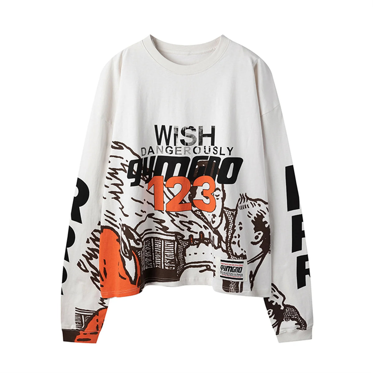 2024 Summer And Spring 123 Letter Print GYMGNO Graffiti Slogan Worn Retro Long Sleeve T Shirt Pullover Sweatshirt Street King Limited