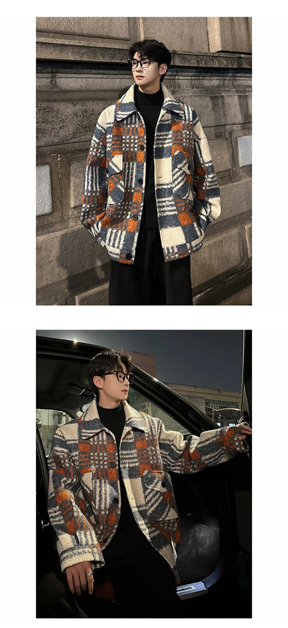 autumn winter campus boy plaid woolen coat men streetwear fashion loose casual retro thick jacket man bomber coat outerwear unique default style 944